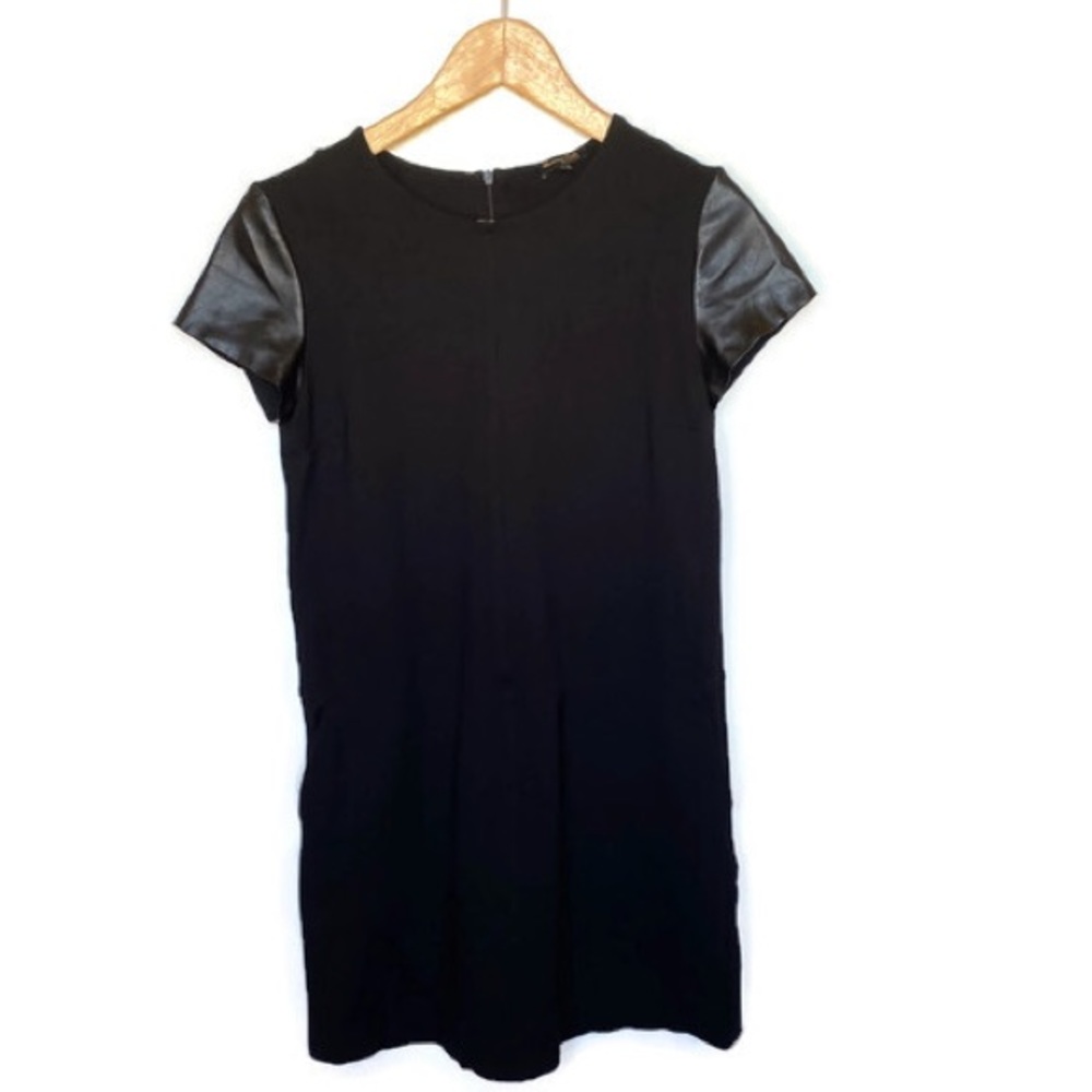 Massimo Dutti Little Black Dress W Faux Leather Sleeves and Pockets Sz S
